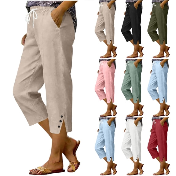 Bloomae Womens Linen Capris Lightweight Casual Knee Length Dressy Causal Drawstring Elastic Waist Button Side Slit Capri Pants Trendy Summer Beach Vacation Cropped Pants with Pockets