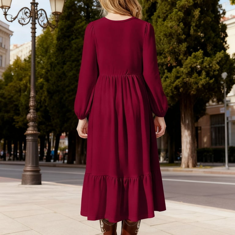 Miluxas Girls Maxi Dresses Lantern Long Sleeve Casual Holiday Dress Trendy  Solid Color Dress Wine 8-9Years - Walmart.com