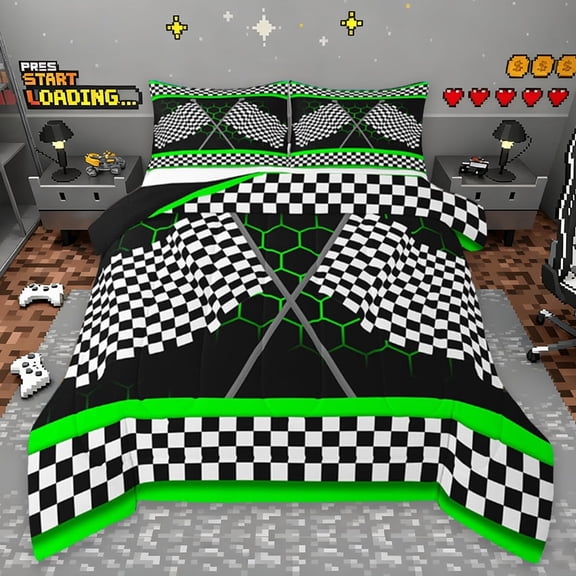 Erosebrida Racing Flag Comforter Sets Twin Size, Neon Green Honeycomb Comforters & Duvets, Extreme Racing Car Sportsbedding Twin Comforter Set, Microfiber Room Decorative,2-Piece Reversible