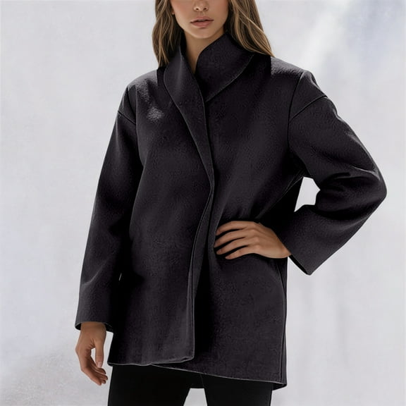 Huowey Women Stylish Jacket Long Sleeve Turndown Collar Wool Coat Short Overcoat Winter Thick Warm Loose Fit Relaxed Casual Outwear,Black,L
