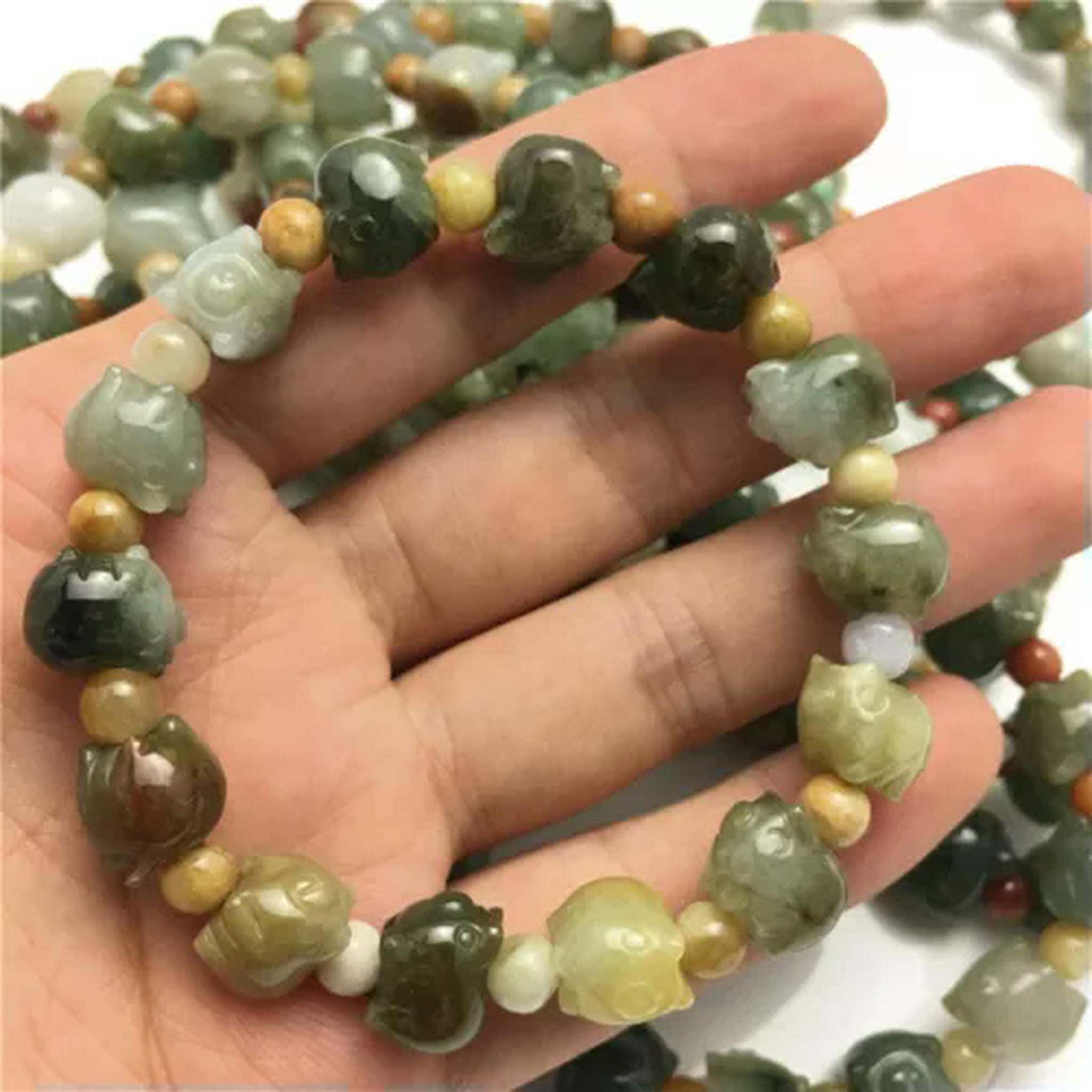 HOOUN 1PCS Natural Grade A Jade Jadeite Women Lucky Zodiac Pig Beaded Bracelet