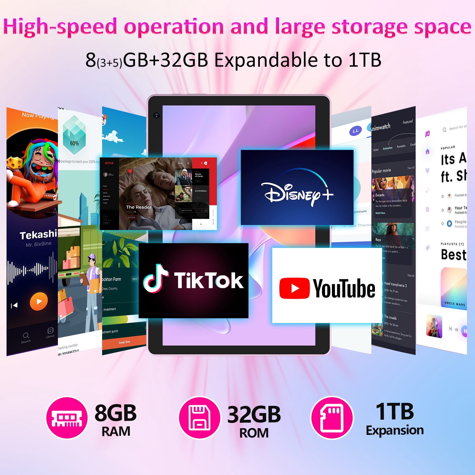 Android 15 Tablet 10 inch, 8GB RAM+32GB ROM Support 1TB Expandable Computer Tablet, 1.8Ghz Quad-Core CPU, HD Screen, BT, WiFi, Long Battery Life, 2 in 1 Tablets with Keyboard Case Mouse Stylus, Pink