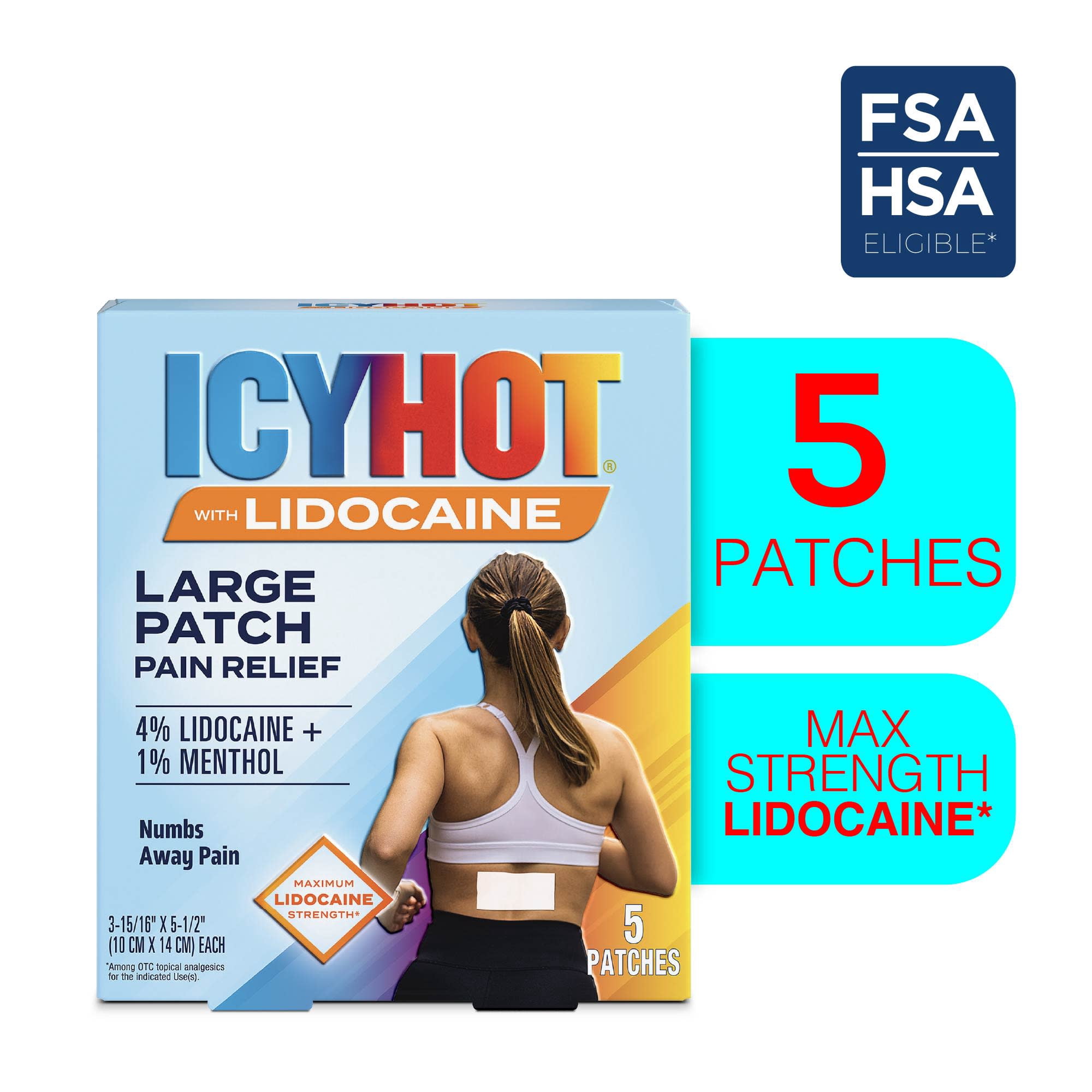 Icy Hot Lidocaine Pain Relief Patches, Numb Aggravated Nerves With Max Strength Lidocaine 4% and Menthol 1%, Fast-Acting Pain Relief for Minor Pain, Backaches, Sprains and Strains, 5 ct.