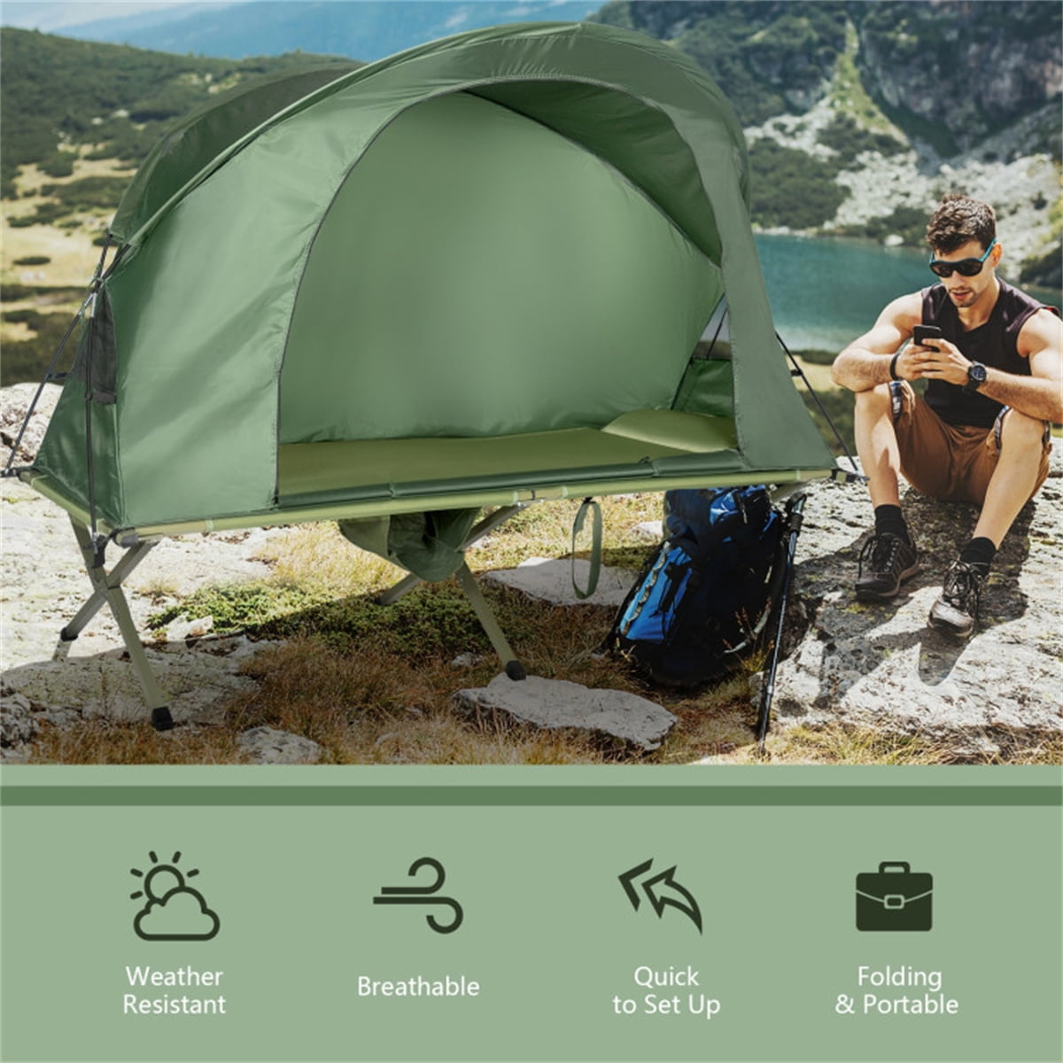 Riwcyla 1 Person Camping Tent with Sleeping Cot Combo, Waterproof Outdoor Cot Tent with Self-Inflating Mattress
