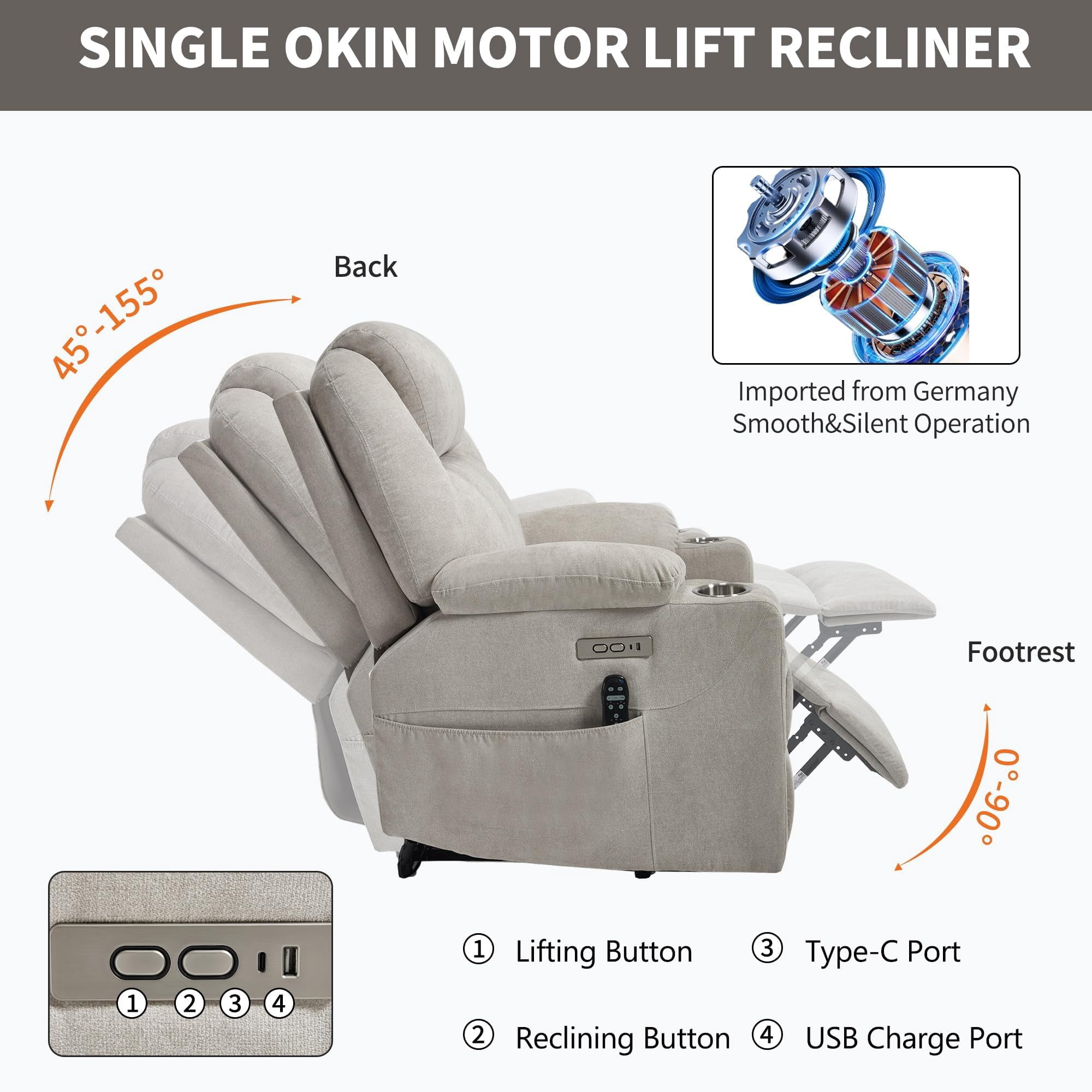 Power Lift Recliner Chair, Electric Lift Recliner for Elderly Reclining Chair with Vibration Massage and Lumbar Heating, Single Sofa with Charging Ports Cup Holders