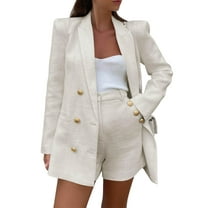 Women 2 Piece Blazer Shorts Sets Long Sleeve Double Breasted Suit Jackets Business Outfit