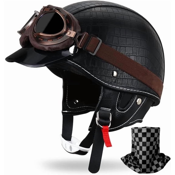 German Style Retro Motorcycle Half Open Face Leather Generic - DOT Approved Vintage Cap Shell Goggles for Men Women