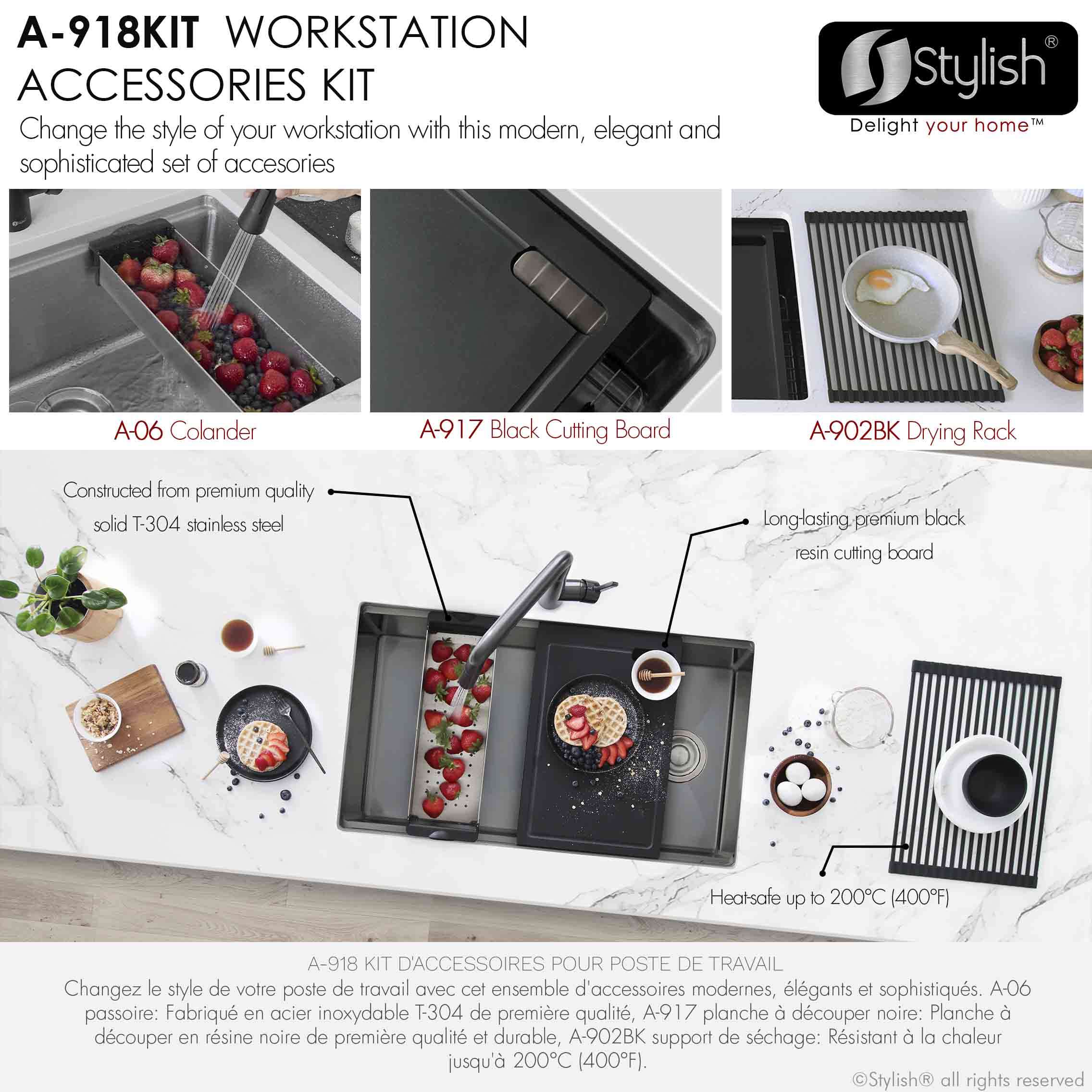 Stylish Stainless Steel Colander (16 ⅞" x 5 ½"), Black Silicone Drying Rack (16 ¾" x 13 ⅛") & Black Cutting Board (16 ⅞" x 11"), A-918KIT