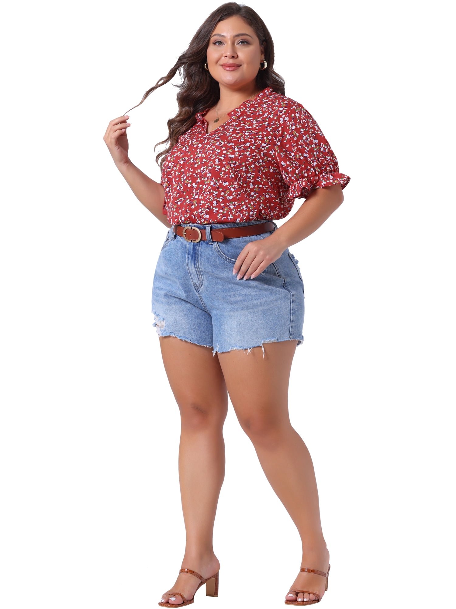 DARING DIVA Women's Plus Summer Tops Floral V Neck Ruffle Puff  Casual Blouse Top L Red