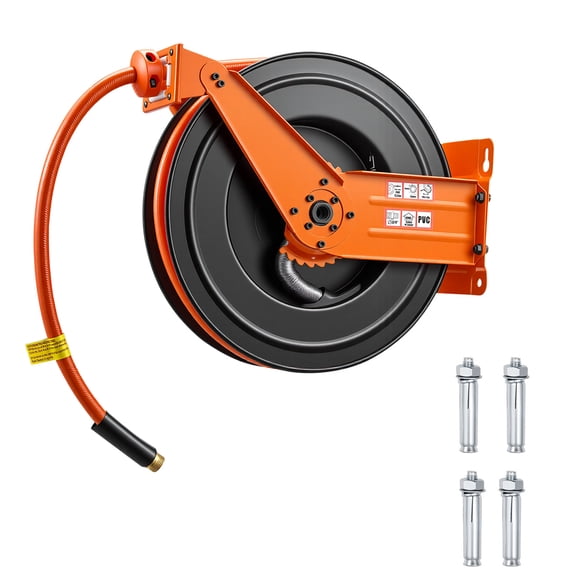 KFFKFF Retractable Air Hose Reel, 3/4 Inch x 50 FT PVC Hose with 300 PSI Capacity, Automatic Rewind Compressor Hose Reel with 5 ft Lead-In, Wall/Ceiling Mount Heavy-Duty Steel Dual Arm
