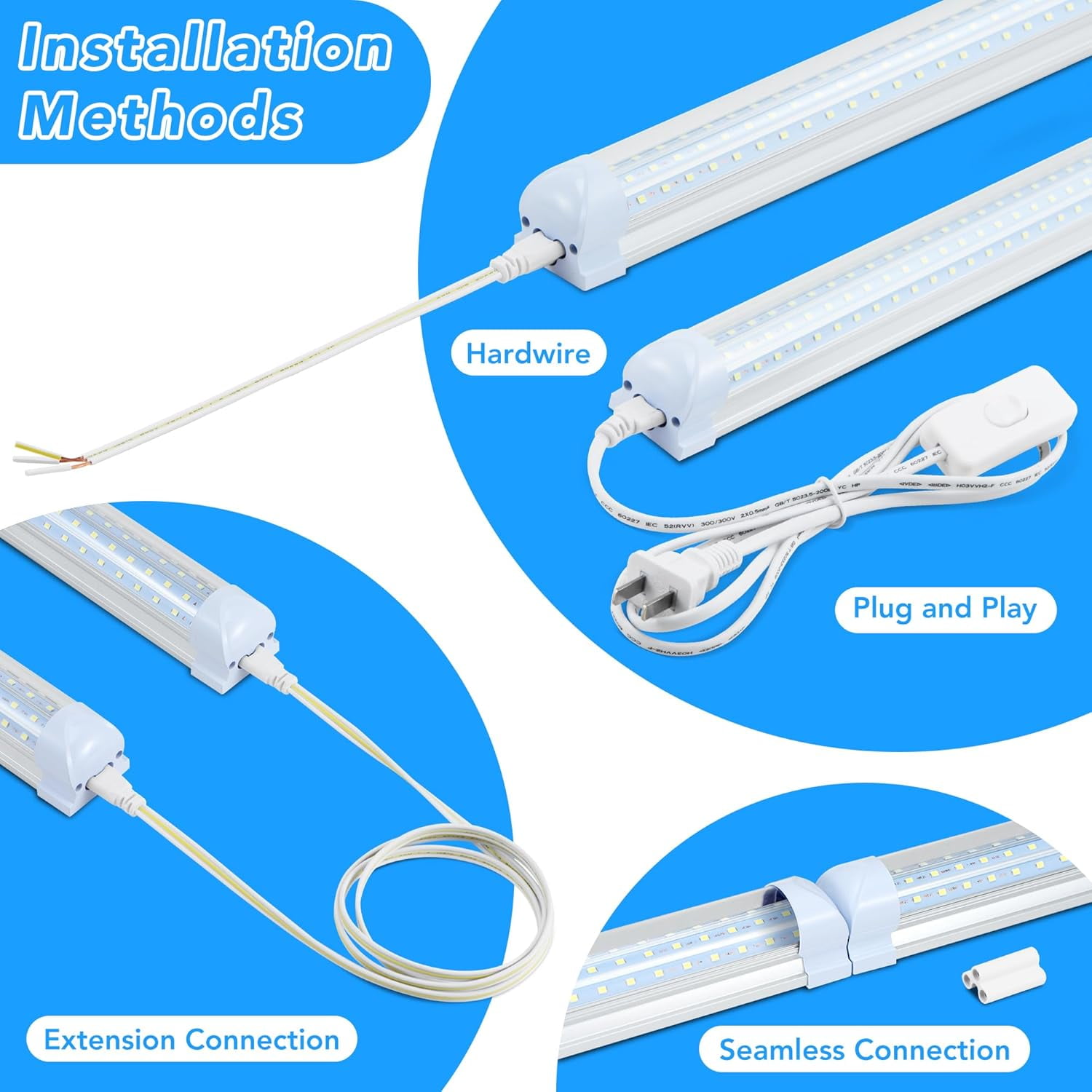 T8 4ft LED Shop Light Fixtures,Linkable, U Shape 4Rows, 60W 6000K Cold White,6Pack