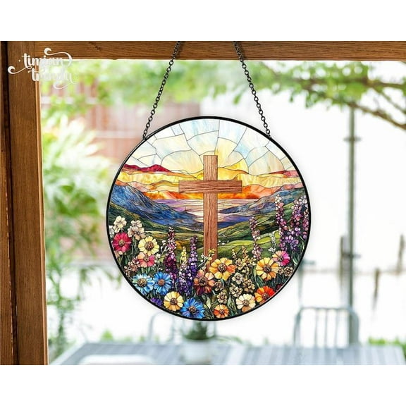Cross And Wildflowers Stained Glass Suncatcher, Flower Cross Gift For Religious, Christian Faith Home Decor, Christian Glass Windows Hanging