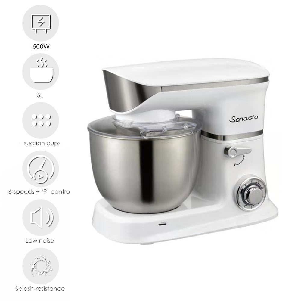 Whisk Stand Mixer 4L 800W White With Dough Hook Mixing Bowl with Splash Guard Kitchen Electric Mixer 6 Speed Beater 