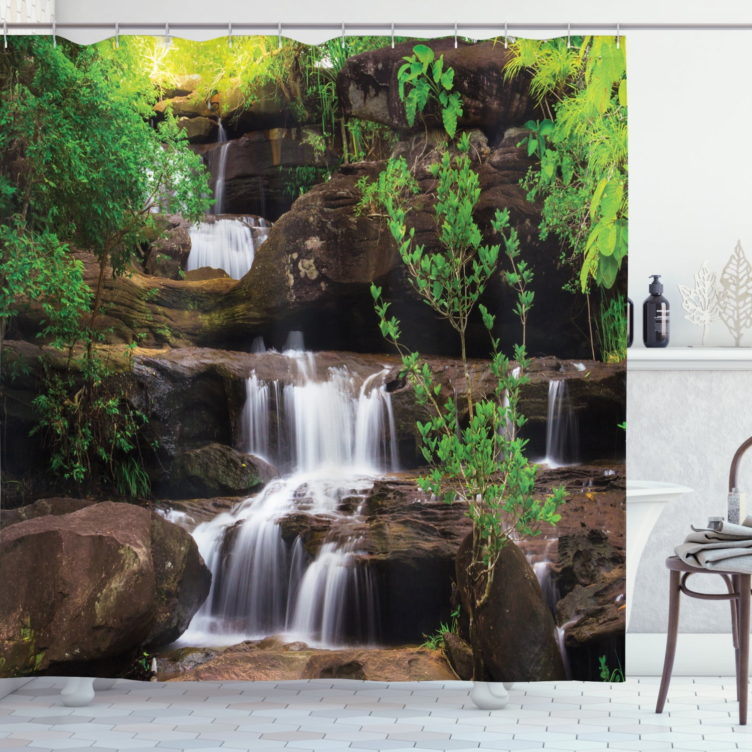 Waterfall Shower Curtain, Little Waterfalls Flow on Rock Stairs