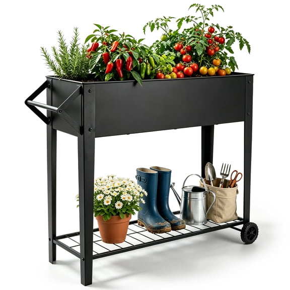 Raised Garden Bed,35 x 31.5 x 11.8in Metal Raised Garden Bed with Wheels,Outdoor Planter Boxes for Vegetables and Flowers,Backyard, Vegetables, Flowers, Herbs