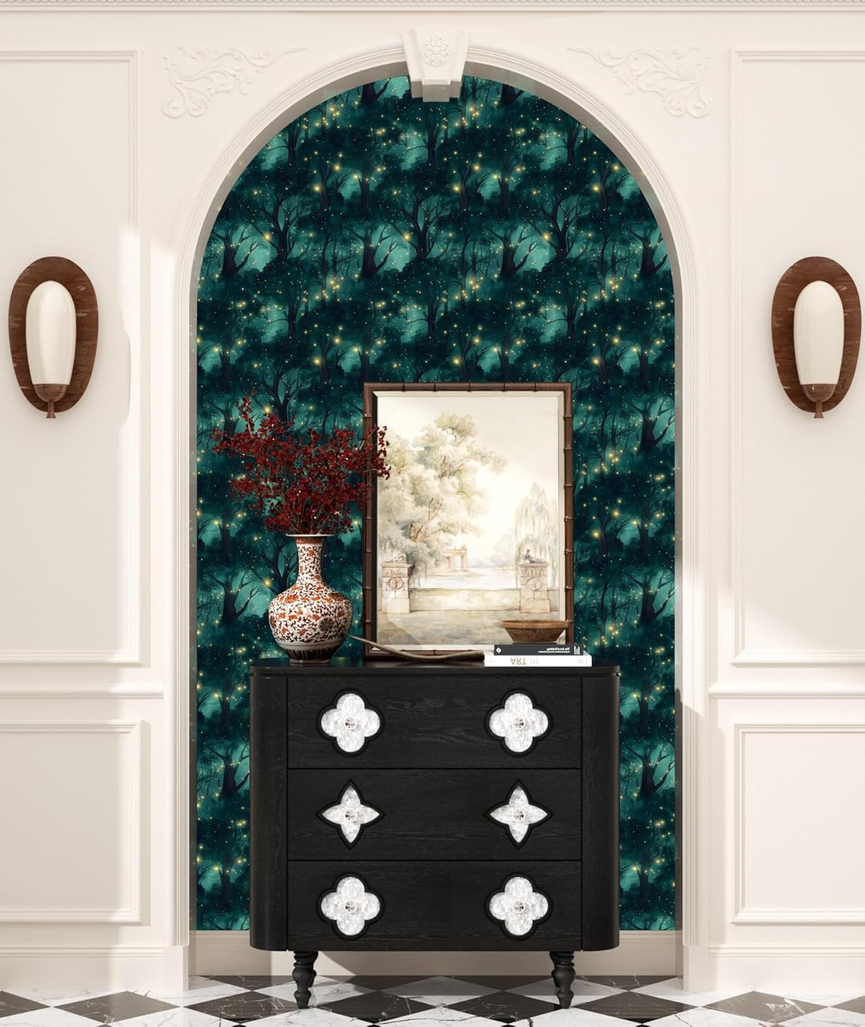 Forest Peel and Stick Wallpaper Vintage Green Leaf Contact Paper Blue Floral Wall Mural Home Vinyl Waterproof Self Adhesive Removable Renter Friendly Wall Paper 17.5" x 118"