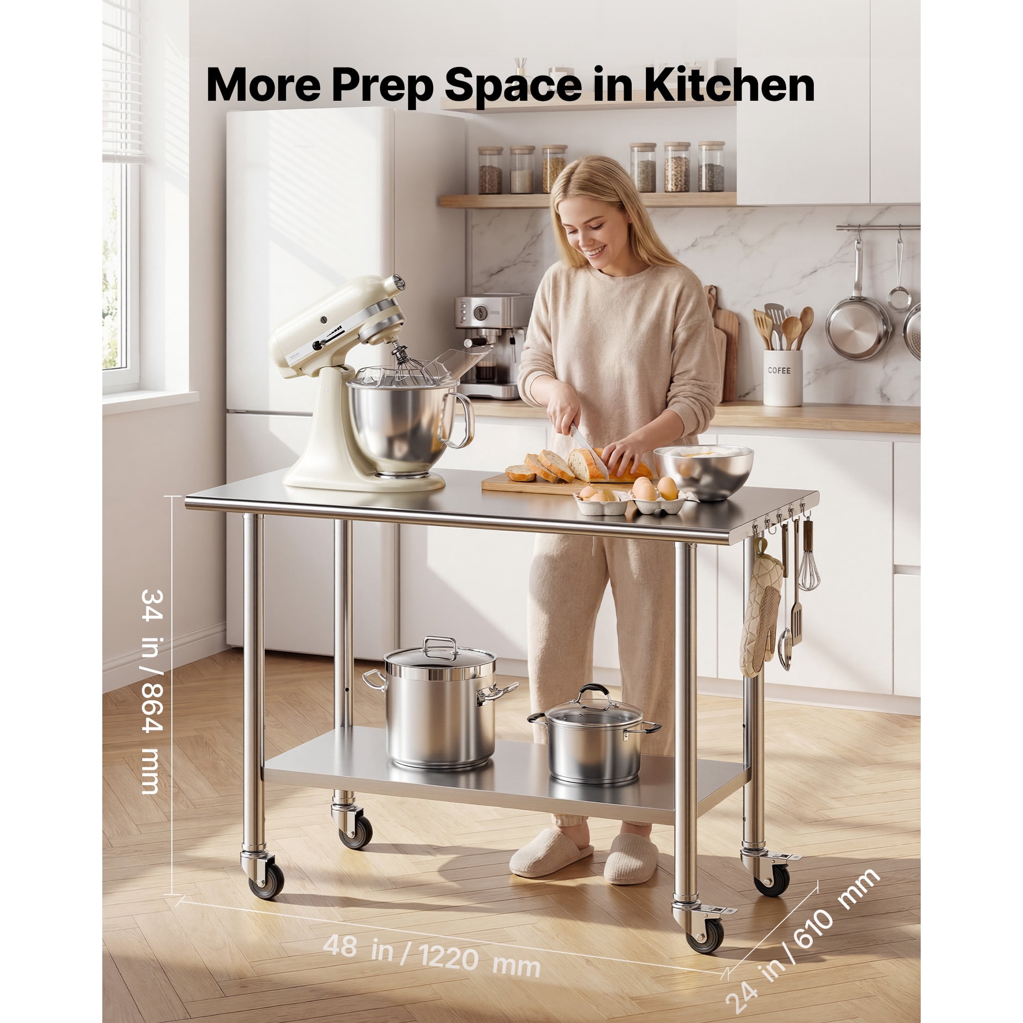 KFFKFF Stainless Steel Work Table, 24x48 inch Food Prep Station with Wheels and Backsplash, Adjustable Undershelf Metal Utility Table for Kitchen, Home, or Outdoor Use