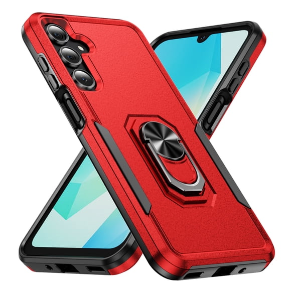 Lunvic for Samsung Galaxy A27 Case, Tempered Glass Screen Protector Included, 360° Ring Kickstand, Magnetic Car Mount Compatible, Red Black