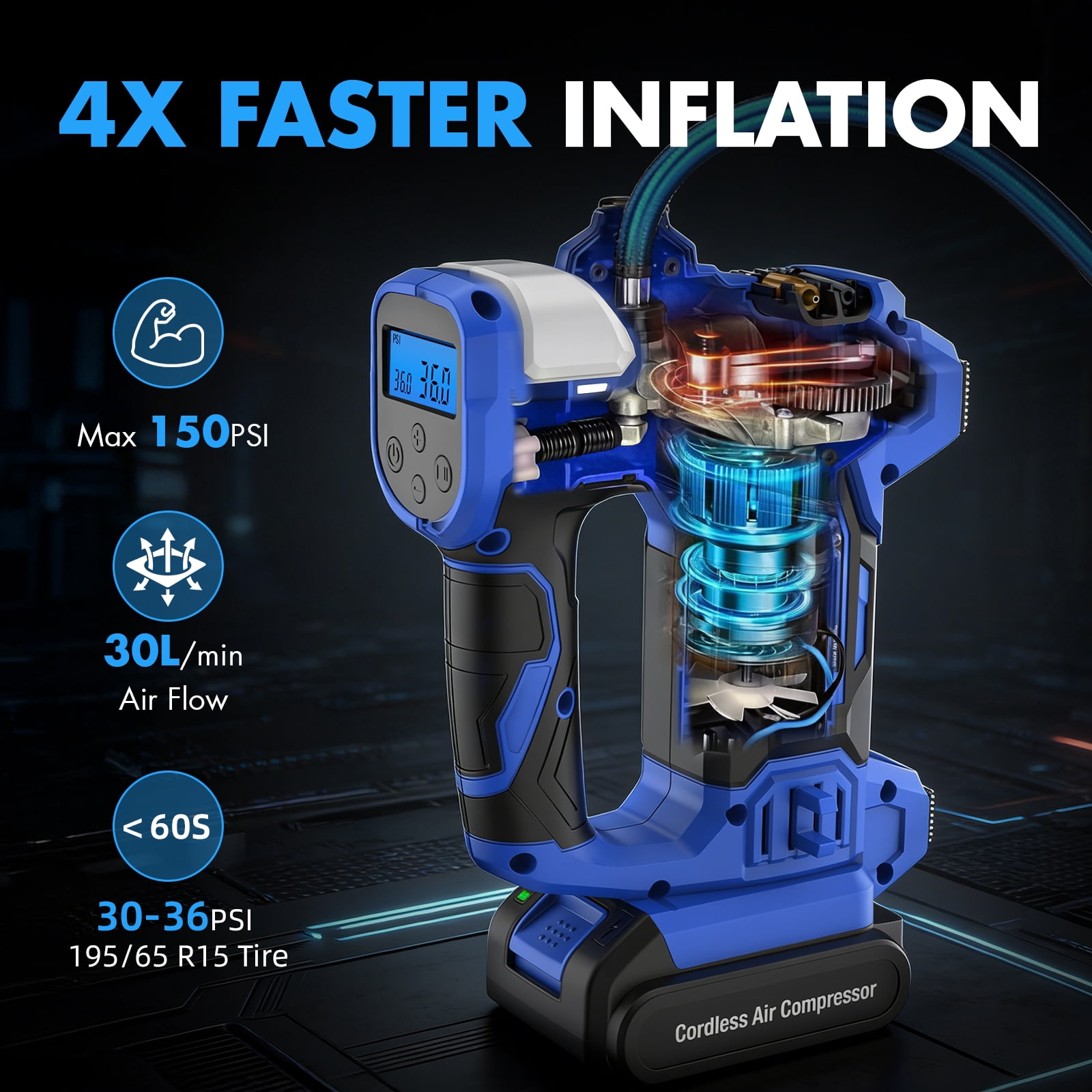 20V Cordless Portable Tire Inflator, 150PSI, 25mm Metal Cylinder with LCD Display & LED Light