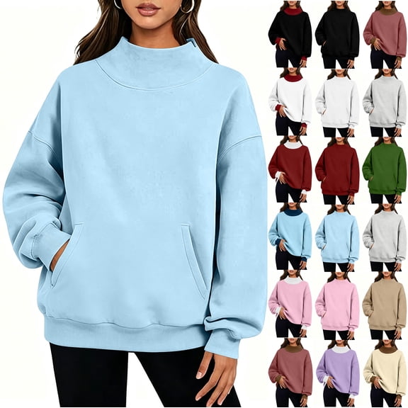 Women's Mock Neck Sweatshirt Oversized Fleece Lined Turtleneck Casual Loose Turtleneck Long Sleeve Pullover Solid Blouse Sweatshirts Tops Fall Outfits with Pockets