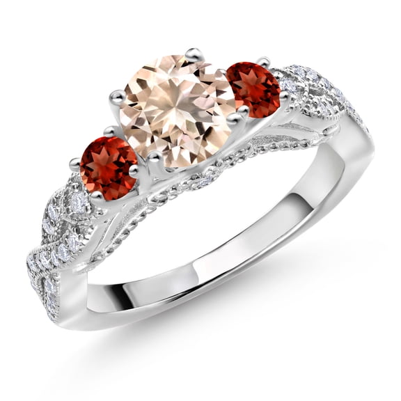 Gem Stone King 925 Sterling Silver Peach Morganite Red Garnet and White Moissanite Engagement Ring for Women (1.17 Cttw, Gemstone October Birthstone, Round 6MM and 3MM, Size 7)