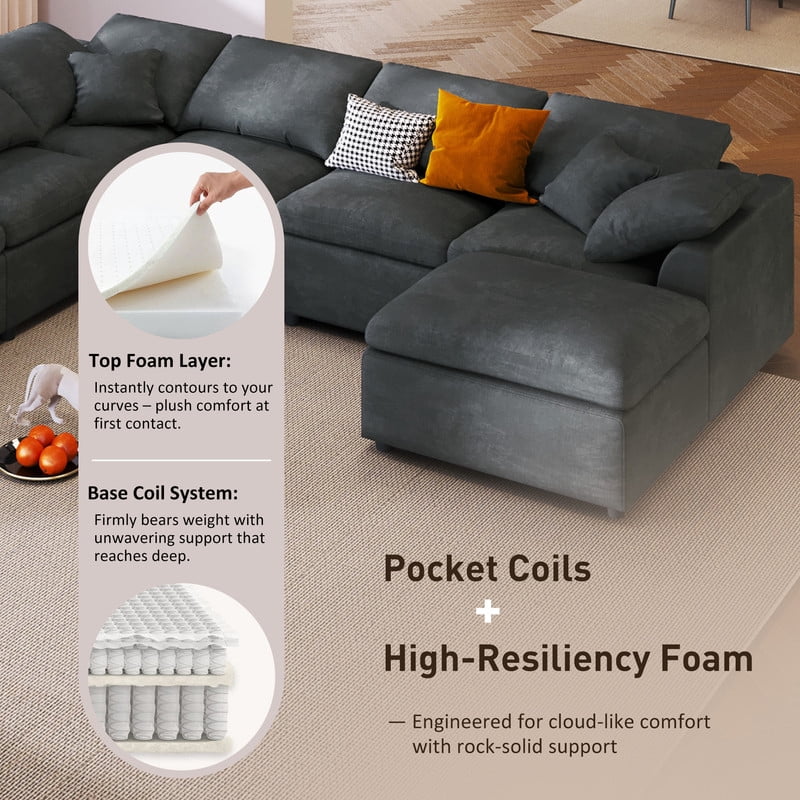 Extra Large 7-Piece Modular Solid Wood Frame Sectional Sofa Set w/ Movable Ottoman, L-Shaped Chenille Oversized Couch