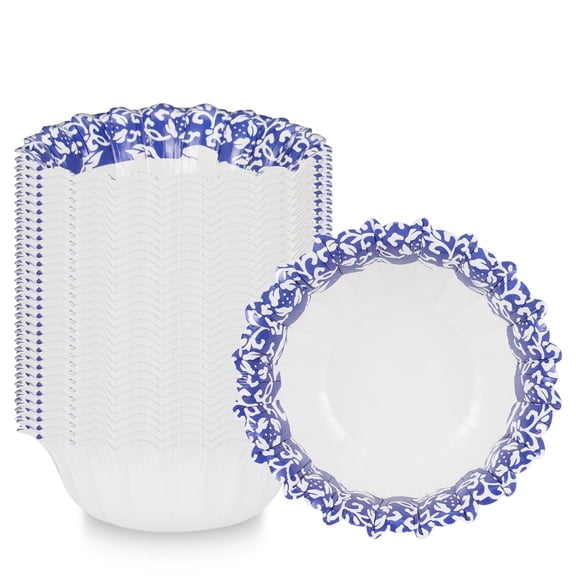 Paper Bowls, 30 Count 8 oz Blue Porcelain Pattern Disposable Bowls, Thickened Leak-Proof Microwave Safe for Cereal, Salad, Soup, Birthday Parties, Picnic and Family Use