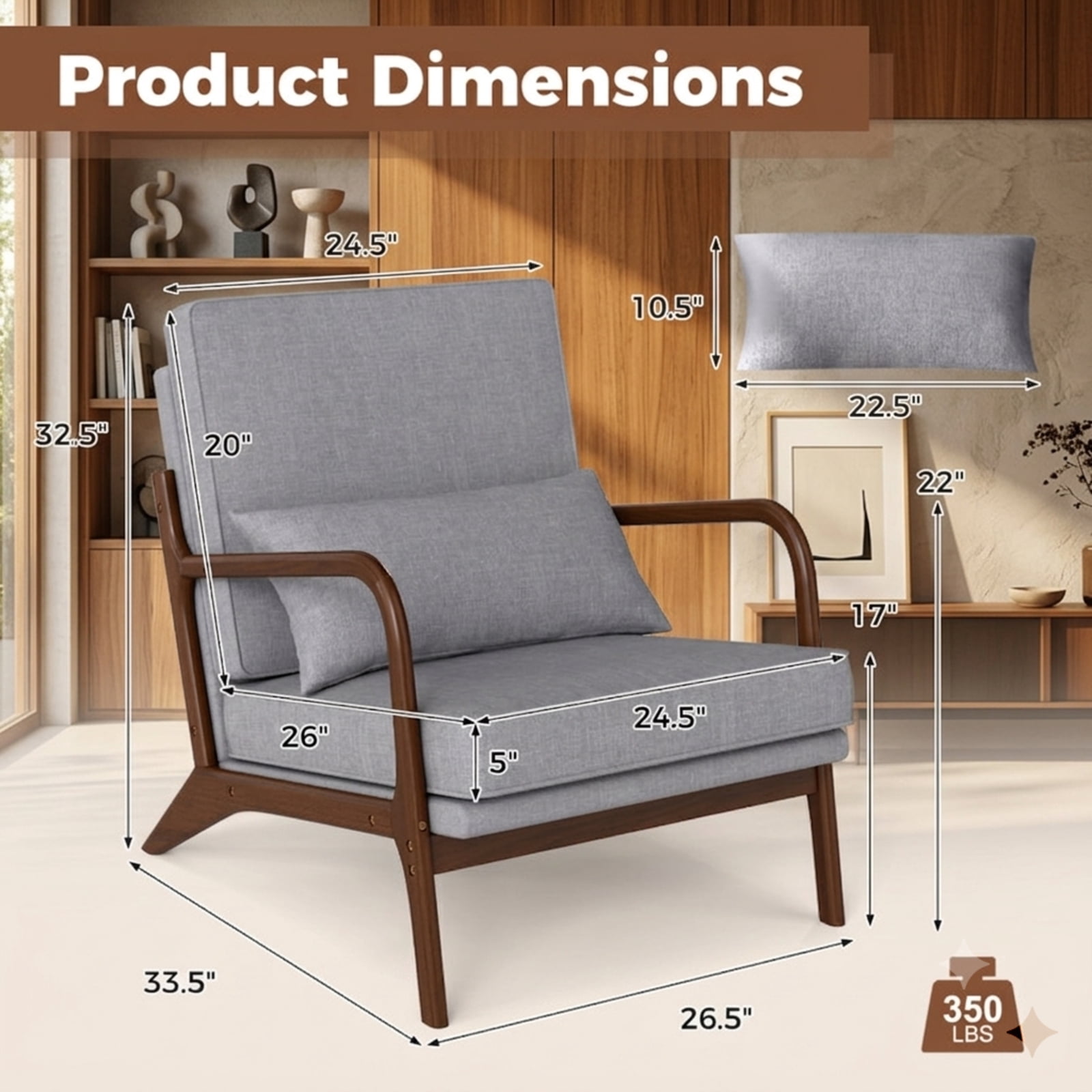 Furnibear Modern Accent Chair with Extra-Wide Padded Seat Removable Lumbar Pillow and Rubber Wood Armrests for Living Room and Bedroom, Gray