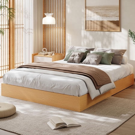 Full Size Bed Frame No Headboard Minimalist Wood Platform Bed Slat Support No Box Spring Needed Easy Assembly