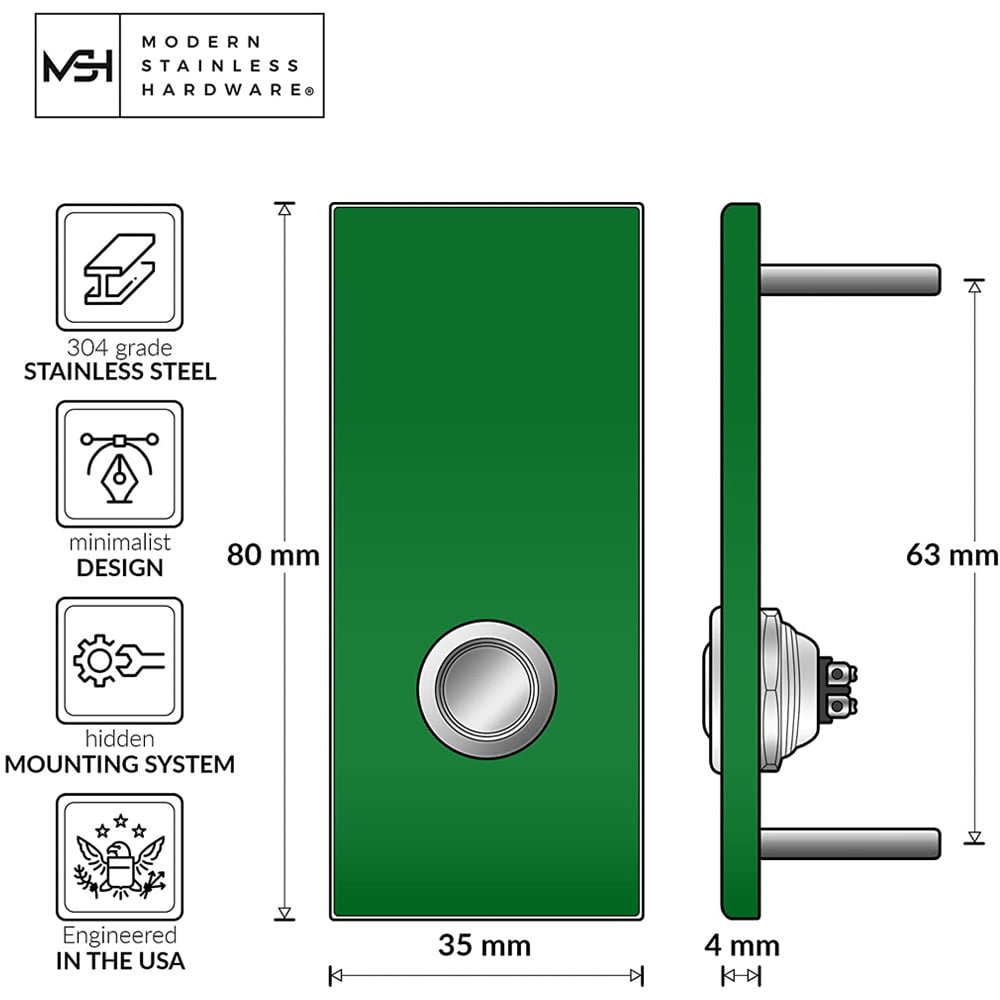MSH Modern Stainless Hardware Model R7 Green Anodized Aluminum Doorbell Button 1.37” x 3.14” x 5/32” (4mm thick)