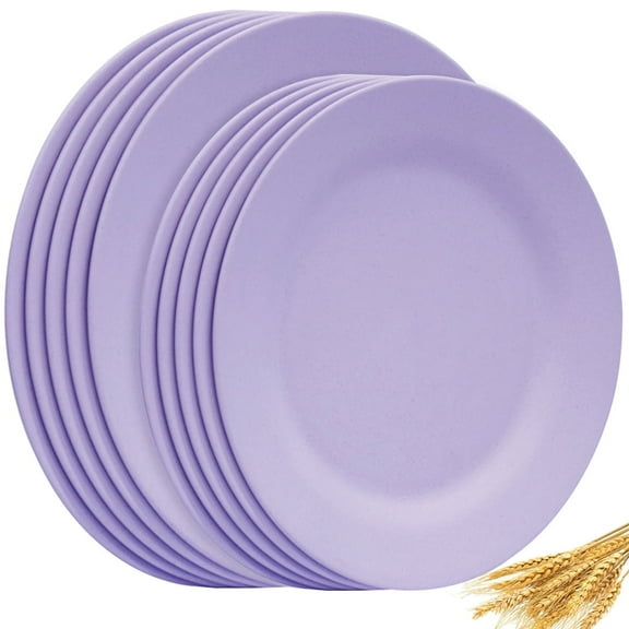 10" 11" Dinner Plates Set of 10, Reusable Wheat Straw Dessert Dishes, Round Pasta Salad Serving Plate, Unbreakable Kids Fiber Dinnerware for Party Steak Pizza (Purple)