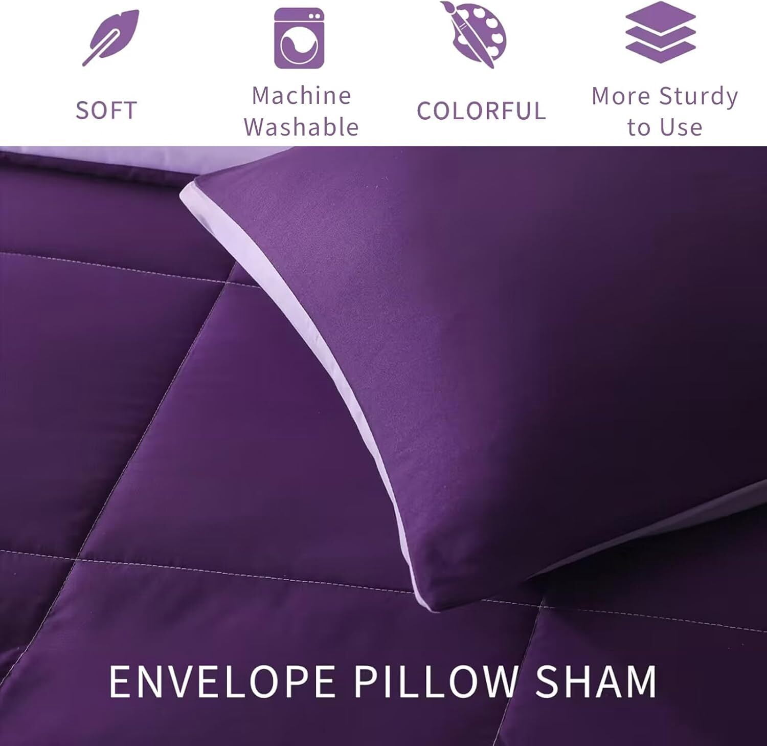 Exclusivo Mezcla Lightweight Reversible 3-Piece Comforter Set All Seasons, Down Alternative Comforter with 2 Pillow Shams, Queen Size, Deep Purple/ Lilac