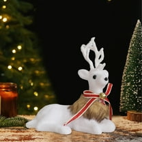 EWASWON Christmas Reindeer Decor, White Lying Down Reindeer Figurine with Bow & Bells, Small Holiday Table Shelf Indoor Christmas Ornament Decor