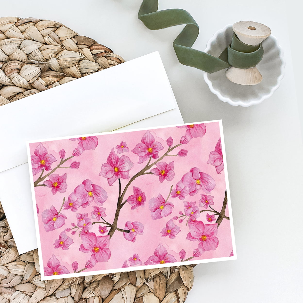 Watercolor Pink Flowers Greeting Cards and Envelopes Pack of 8
