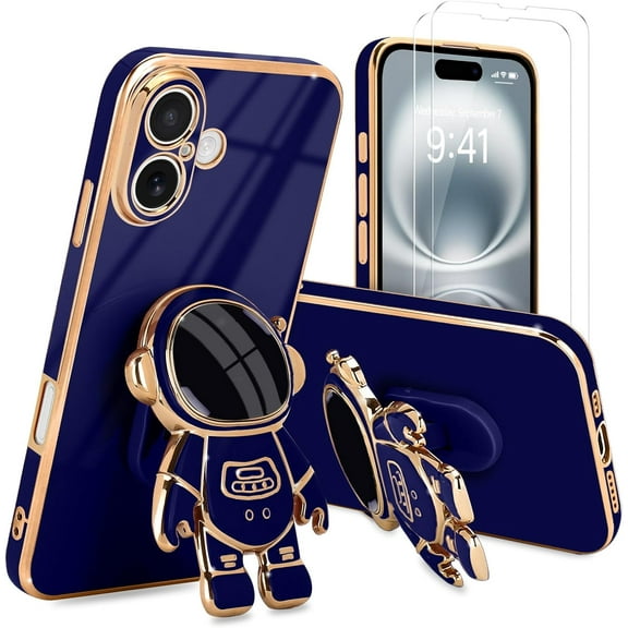 for iPhone 17 Case, Cute 3D Astronaut Stand with [2 Screen Protector] [Camera Protection] Kickstand Shockproof Bling Silicone Soft Phone Back Cover for Apple iPhone 17 Case, Royal Blue