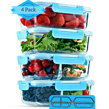 1 & 2 Compartment Glass Meal Prep Containers (4 Pack, 35 Oz)- Food Storage Containers with Lids, Portion Control, BPA Free, Microwave, Oven and Dishwasher Safe, Airtight,