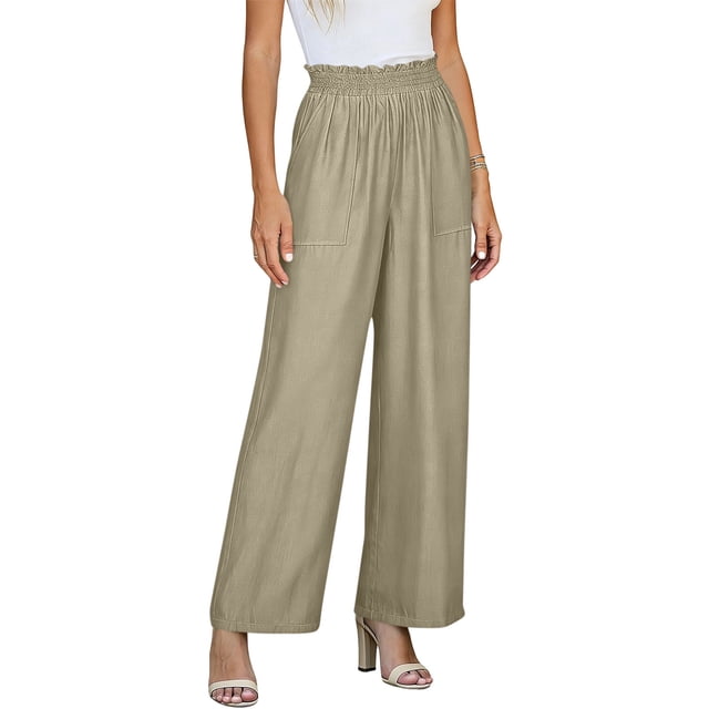 Pantalones de Cintura Alta de Pierna Ancha para Mujeres Trabajo Casual Pierna Ancha Recortada Viaje Senderismo Cintura Elástica con Bolsillos