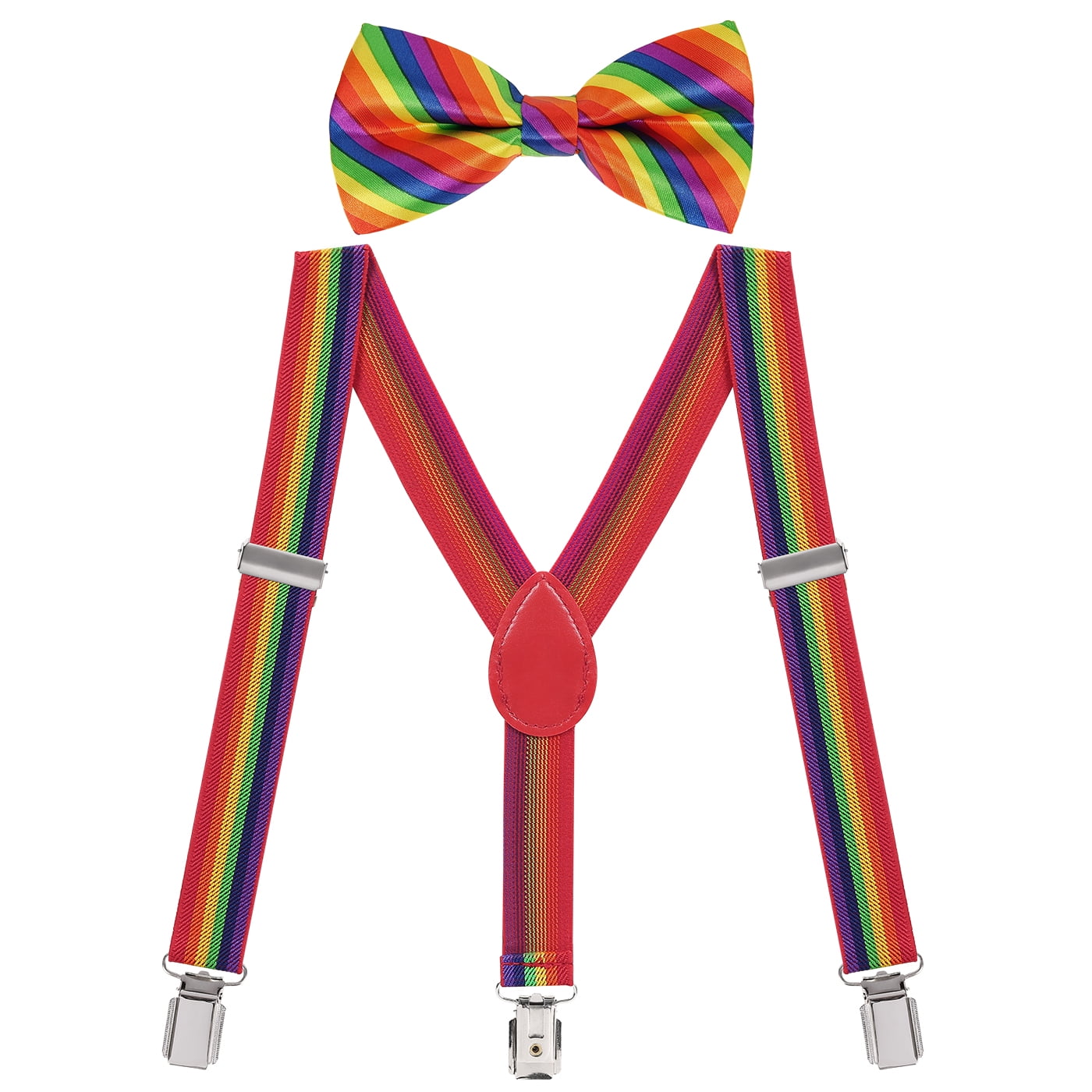 Mens Solid Color Pre-tied Adjustable Bowtie Y-Back Clip Suspenders Set for Wedding Red