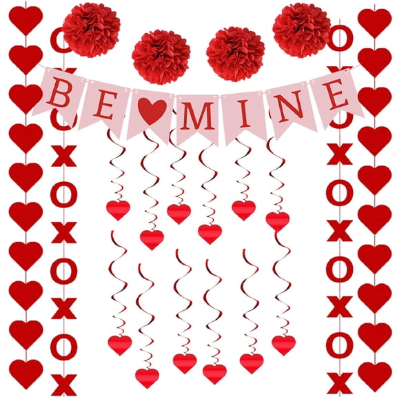 Valentines Day Decorations Kit, 21Pcs Valentines Day Decor with Hanging Heart Swirls, BE Mine Love Heart XO Garlands Banner for Valentine Galentines Party, Office Home Classroom Indoor Wall