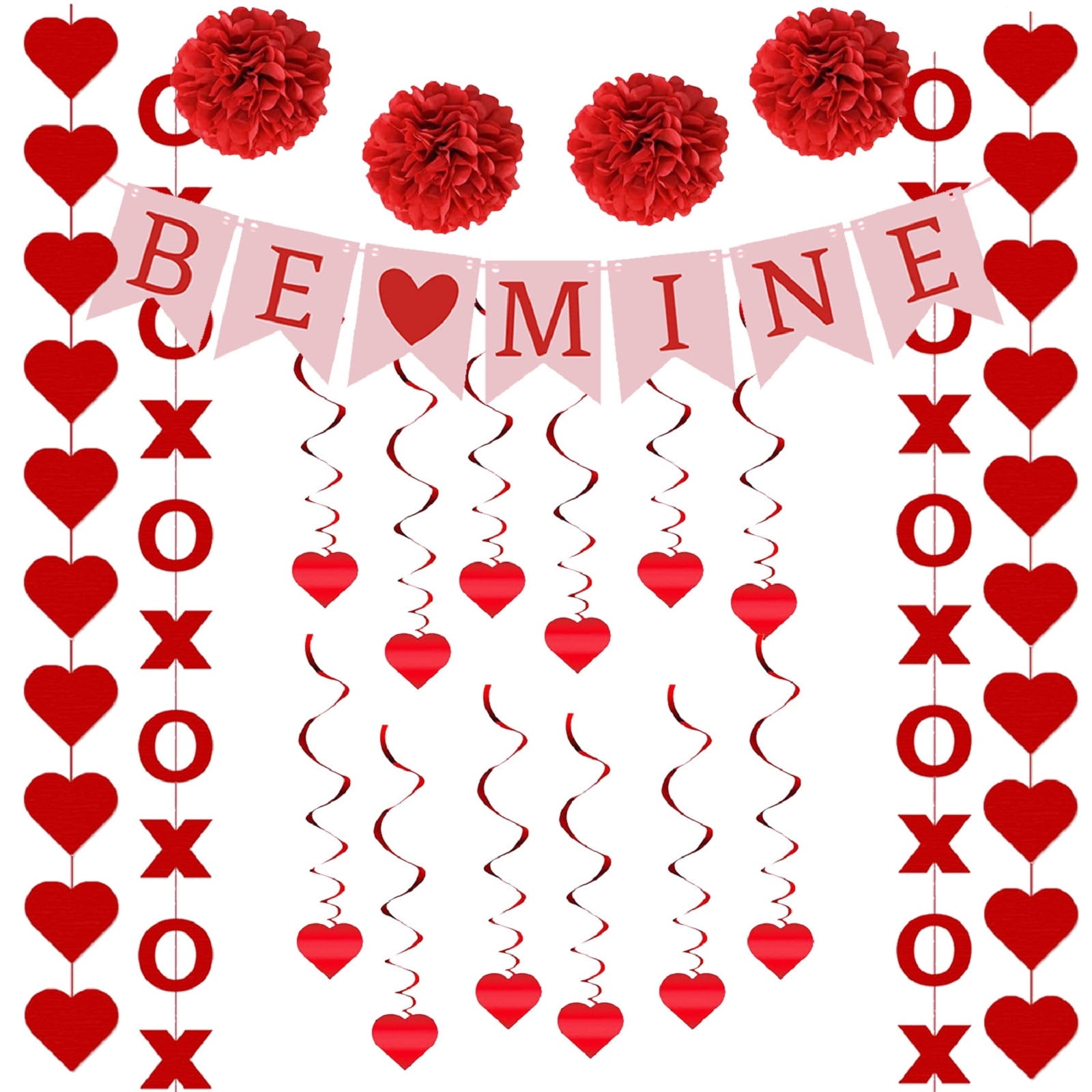 Valentines Day Decorations Kit 21Pcs Valentines Day Decor with Hanging Heart Swirls BE Mine Love Heart XO Garlands Banner for Valentine Galentines Party Office Home Classroom Indoor Wall
