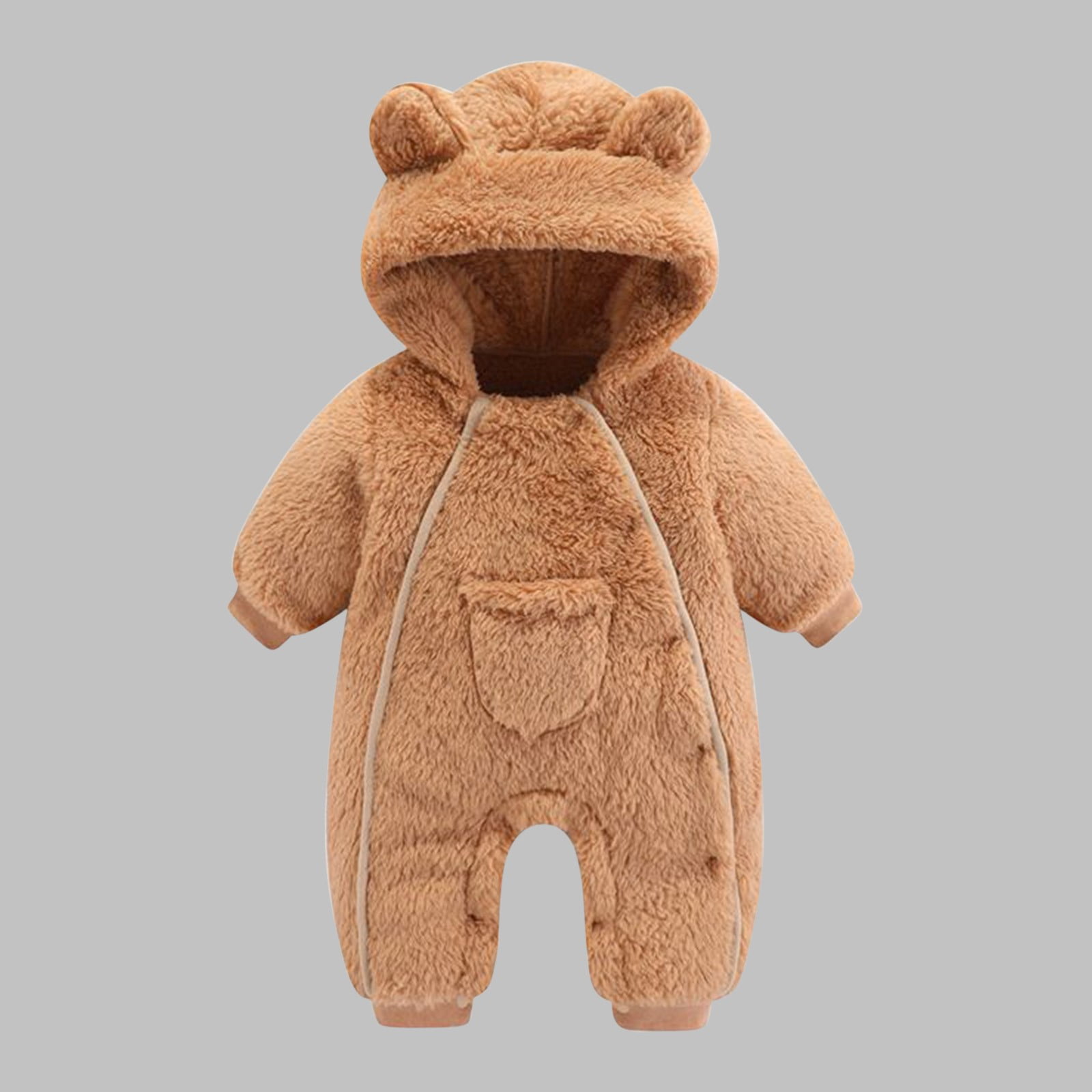 Baby Boy/Girl khaki Fuzzy Fleece Long-sleeve Zip Jumpsuit