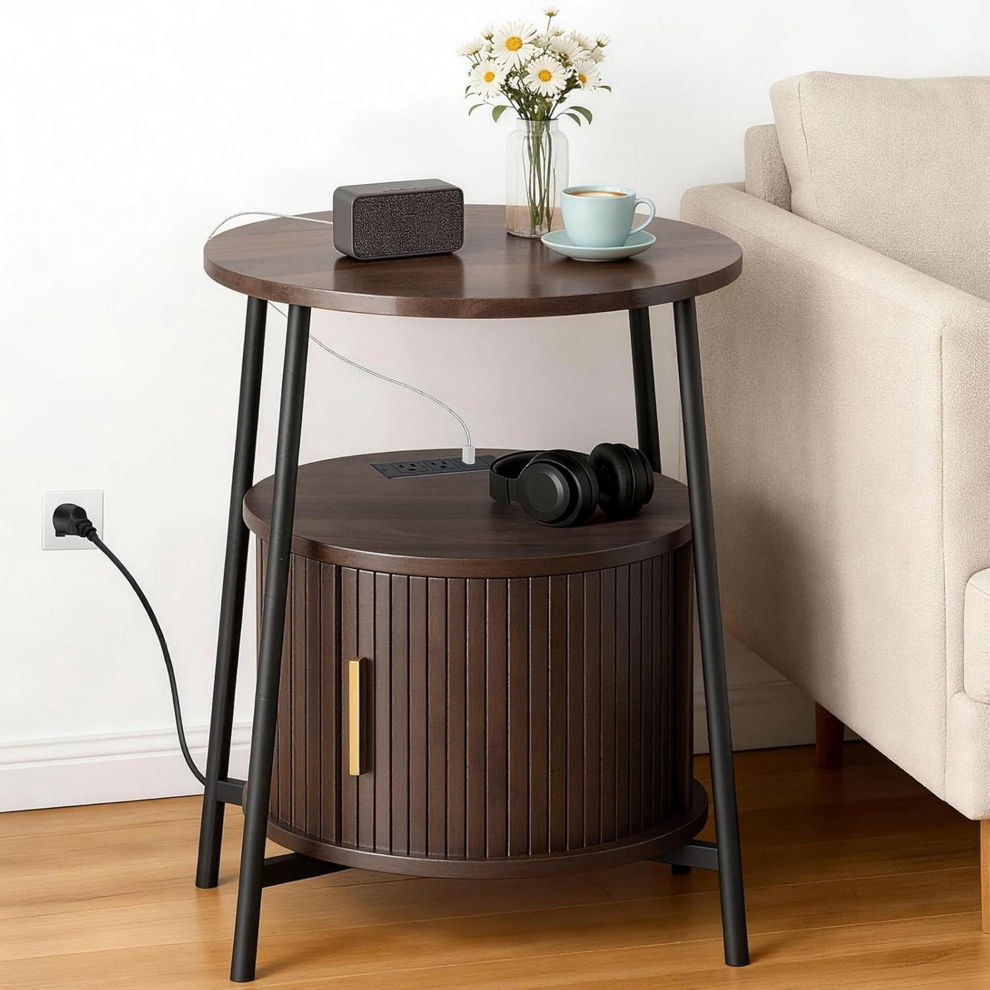 Round End Table with Charging Station, Fluted Side Table with Sliding Door, Mid Century Modern Nightstand for Bedroom & Living Room, Coffee