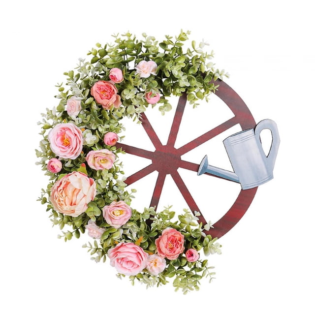 Corona de primavera, flores de peonía artificiales y rueda, señal de bienvenida, decoración de verano hecha a mano para exteriores, interiores,