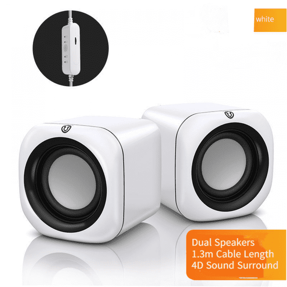 4D shock sound mini speaker, high volume wired speaker subwoofer dual speaker dualshock film home notebook desktop computer speaker（White）