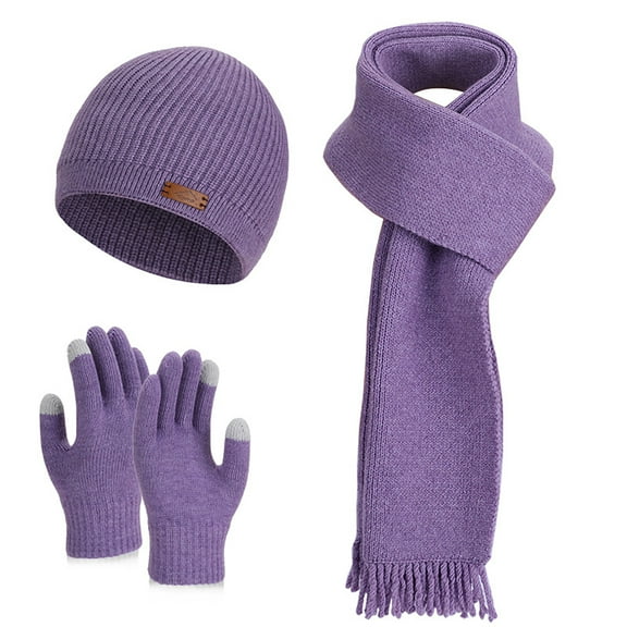 FAWUUDO 3PCS Winter Woven Scarf and hat and Touch Screen Gloves Set for Women Knit Hat with Faux Fur Ball Scarves Gloves