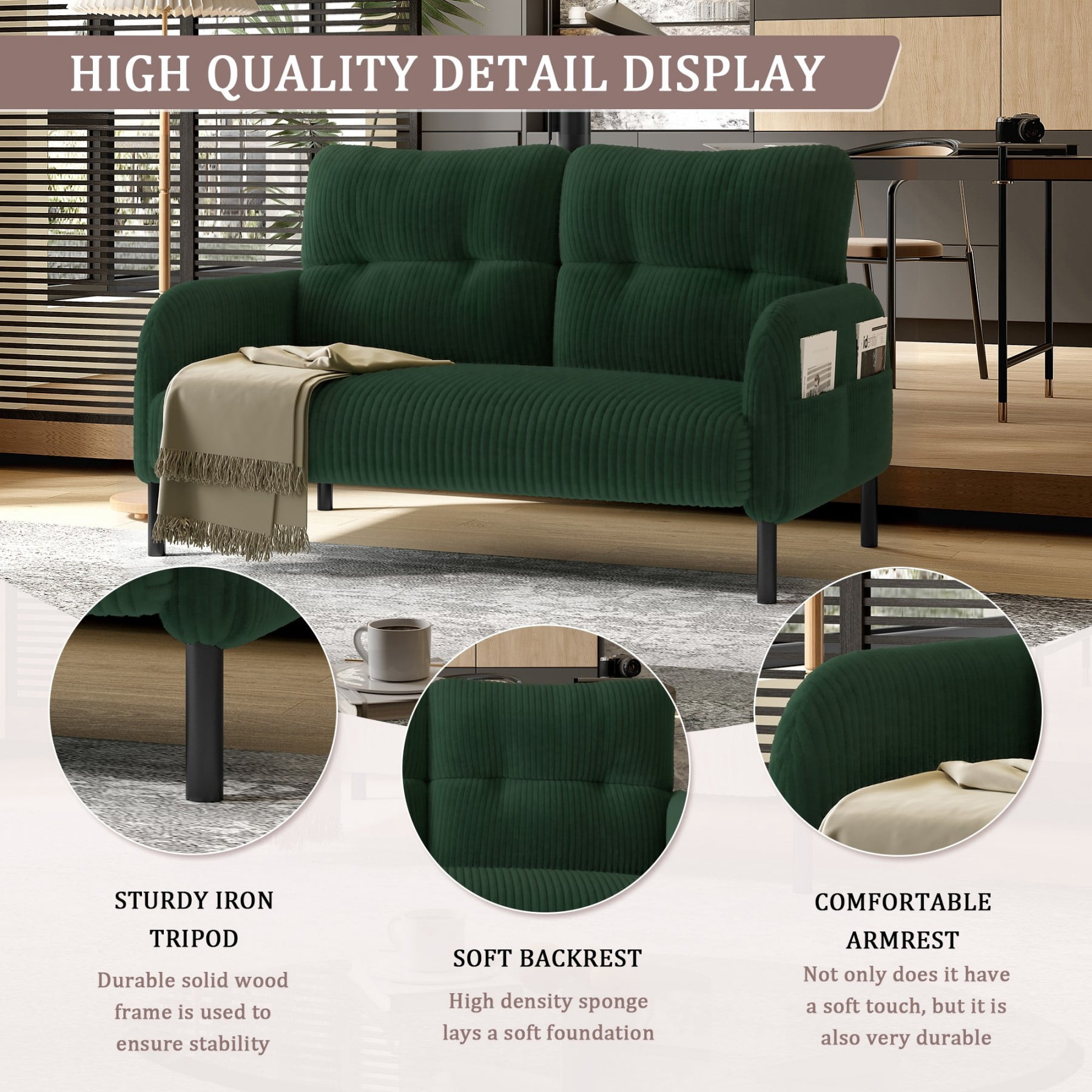 Corduroy Loveseat Sofa, Modern Upholstered Double Sofa Couch with Side Pockets for Living Room Bedroom Apartment, Emerald