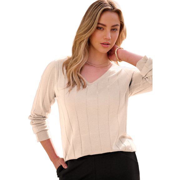 Roaman's Women's Plus Size Drop Needle V-Neck Lightweight Sweater Knit