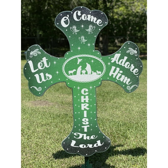 Christmas Yard Art Cross with White Silhouette Glittered Nativity Graphics