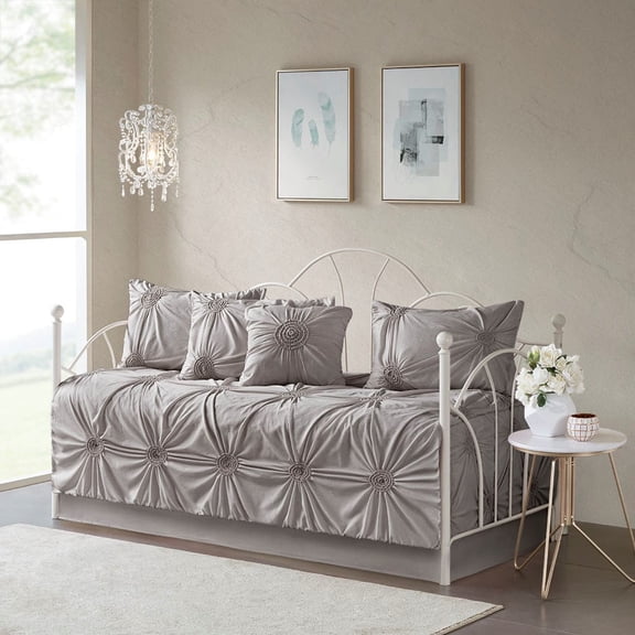 Noaman 6-Piece Reversible Daybed Cover Set, Twin Size, Dark Gray, Puckered Diamond Design with Tufting and Shams