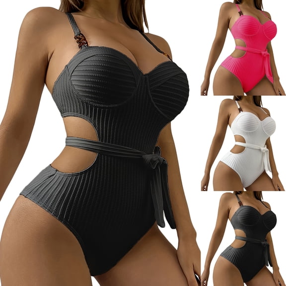 Ashirexll One Piece Swimsuit Women Solid Color With Chest Pad Without Underwire Belt Bikini Casual Swimsuit